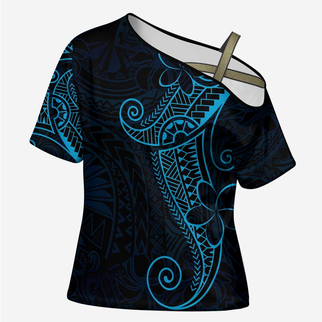 Black Blue Polynesian Tribal Cross Shoulder Shirt - Polynesian Pride