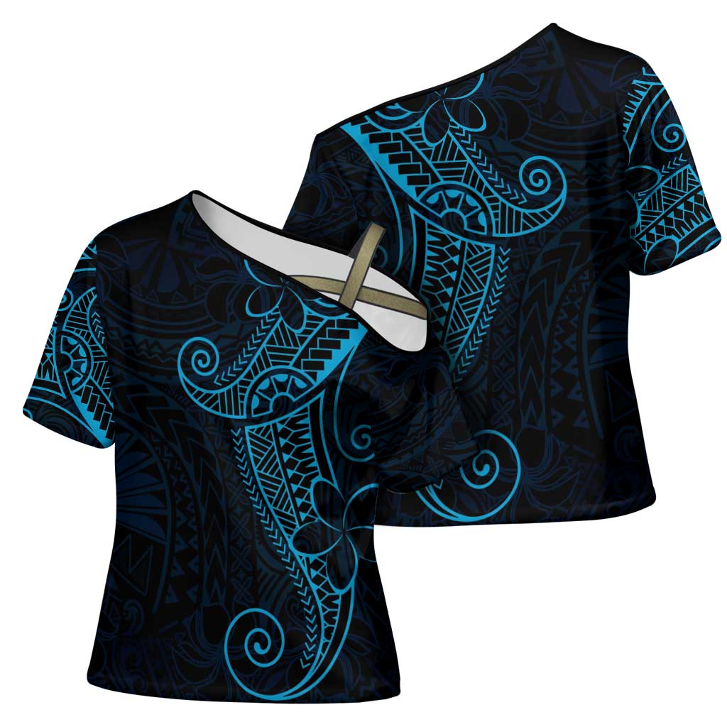 Black Blue Polynesian Tribal Cross Shoulder Shirt - Polynesian Pride