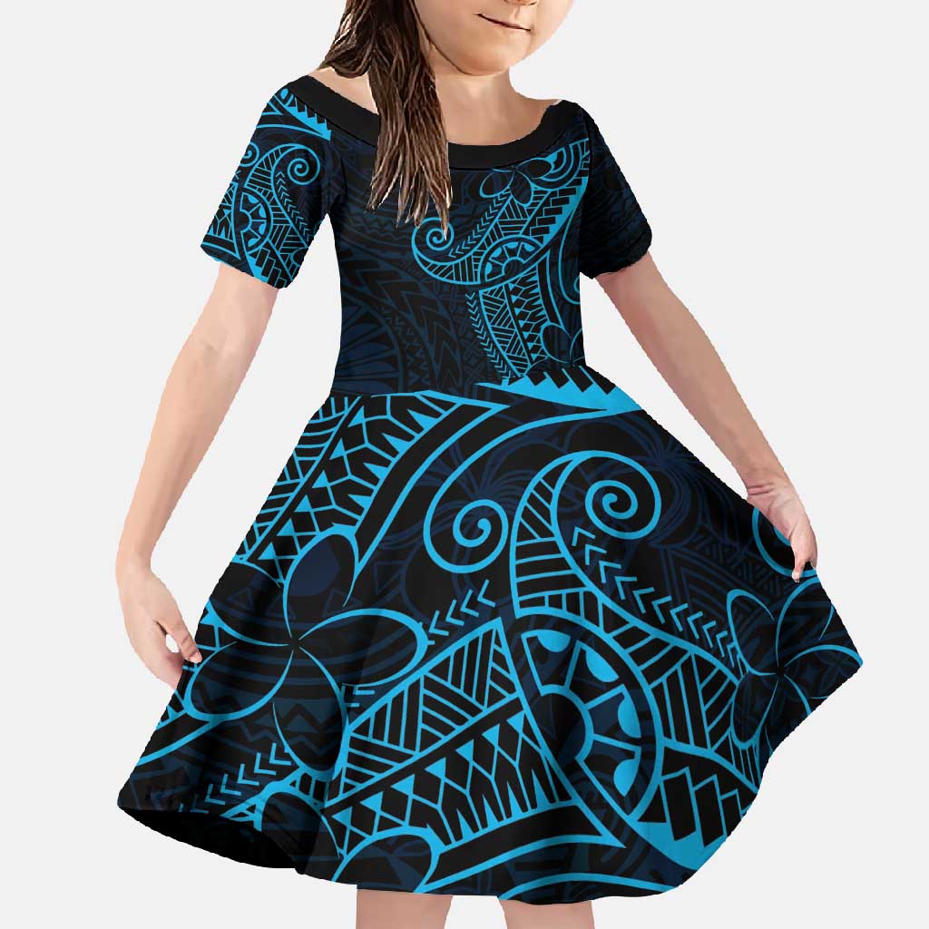 Black Blue Polynesian Tribal Family Matching Long Sleeve Bodycon Dress and Hawaiian Shirt LT9 Daughter's Dress Blue - Polynesian Pride