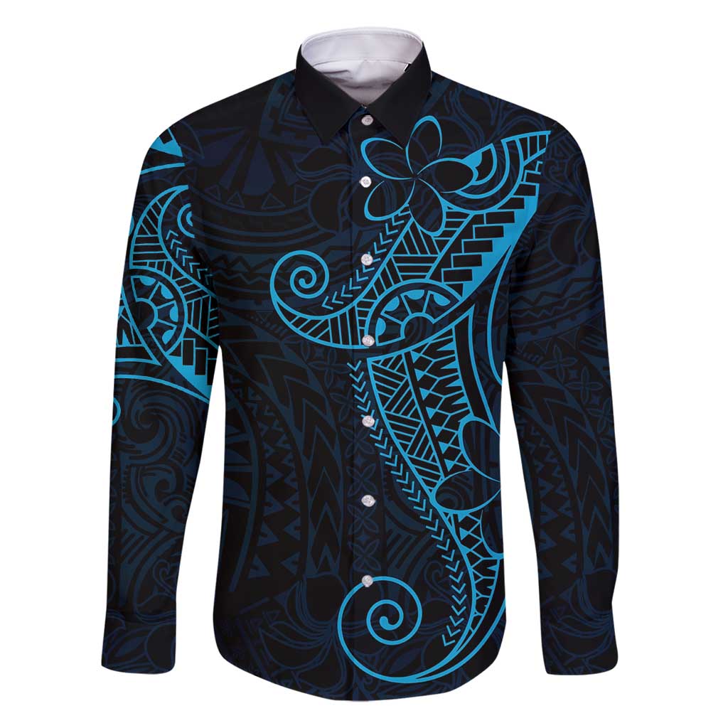 Black Blue Polynesian Tribal Family Matching Long Sleeve Bodycon Dress and Hawaiian Shirt LT9 Dad's Shirt - Long Sleeve Blue - Polynesian Pride