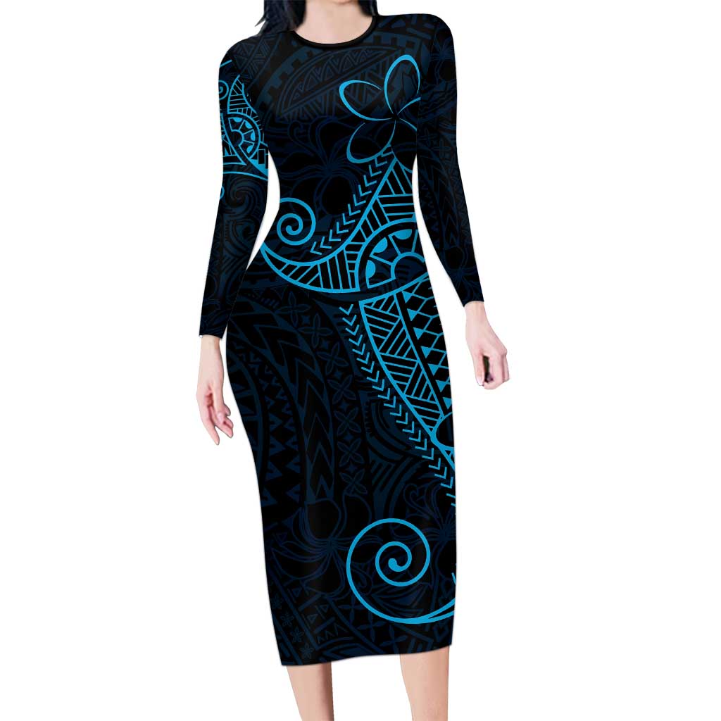 Black Blue Polynesian Tribal Family Matching Long Sleeve Bodycon Dress and Hawaiian Shirt LT9 Mom's Dress Blue - Polynesian Pride