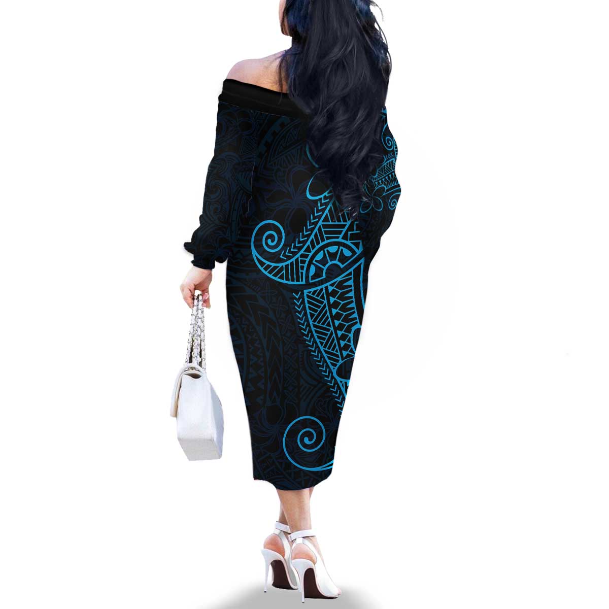 Black Blue Polynesian Tribal Family Matching Off The Shoulder Long Sleeve Dress and Hawaiian Shirt - Polynesian Pride