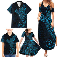Black Blue Polynesian Tribal Family Matching Summer Maxi Dress and Hawaiian Shirt - Polynesian Pride