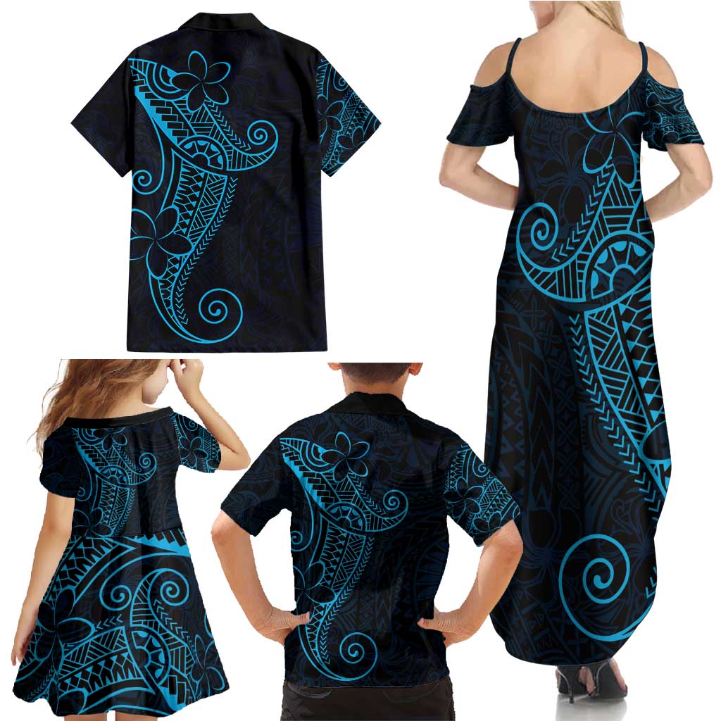 Black Blue Polynesian Tribal Family Matching Summer Maxi Dress and Hawaiian Shirt - Polynesian Pride