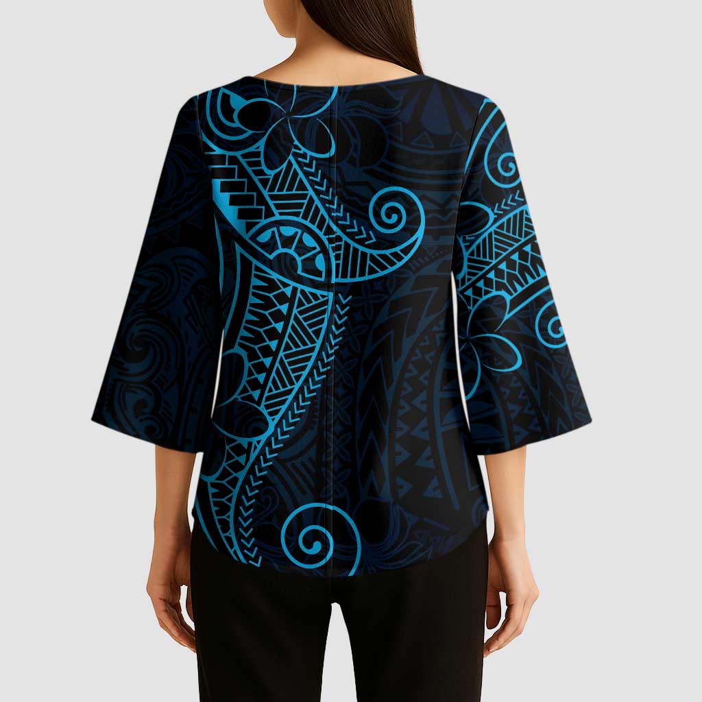 Black Blue Polynesian Tribal Kimono Sleeve Blouse - Polynesian Pride