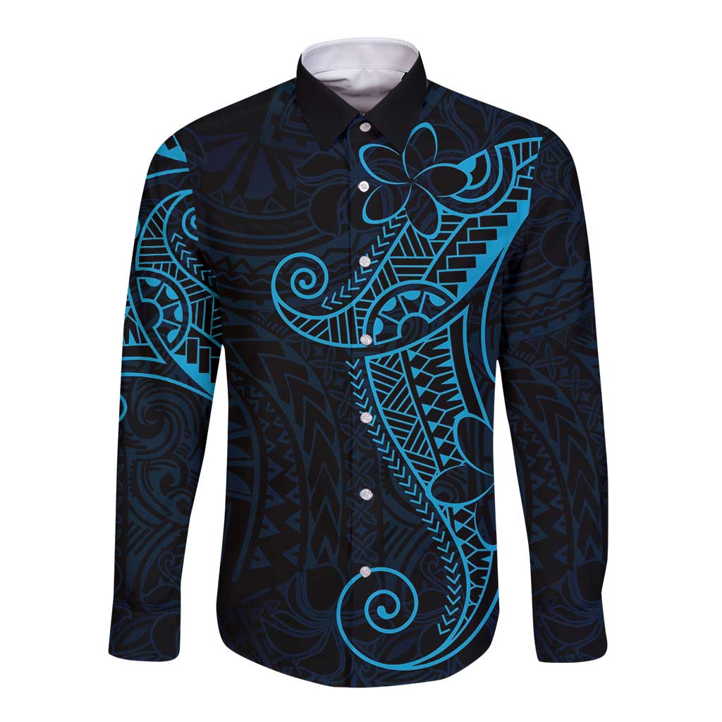 Black Blue Polynesian Tribal Long Sleeve Button Shirt LT9 Unisex Blue - Polynesian Pride