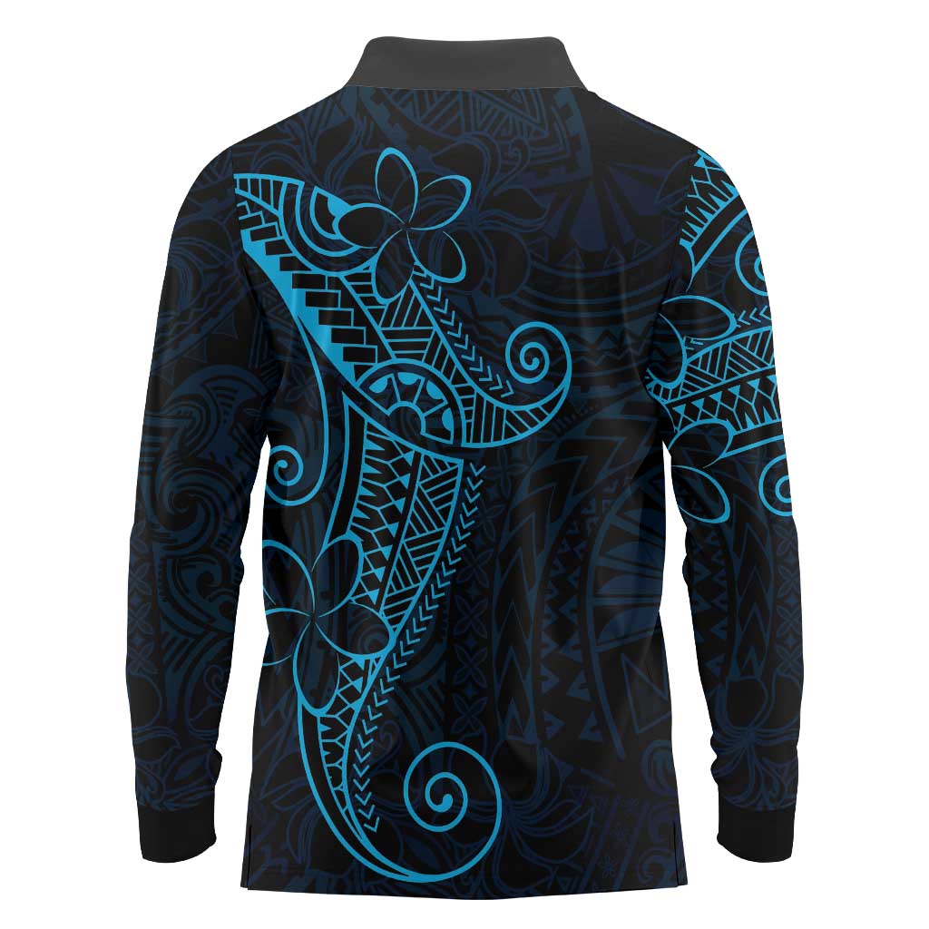 Black Blue Polynesian Tribal Long Sleeve Polo Shirt LT9 - Polynesian Pride