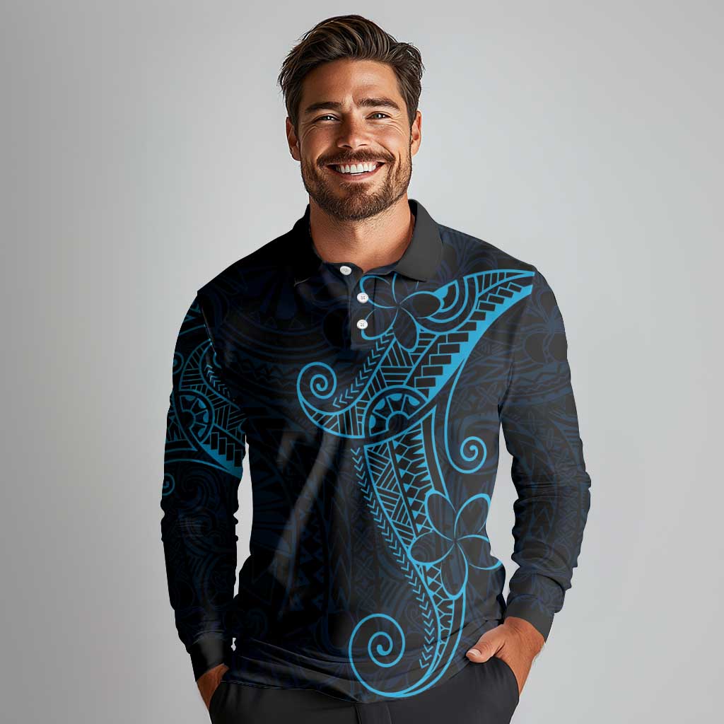 Black Blue Polynesian Tribal Long Sleeve Polo Shirt LT9 - Polynesian Pride