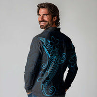 Black Blue Polynesian Tribal Long Sleeve Polo Shirt LT9 - Polynesian Pride