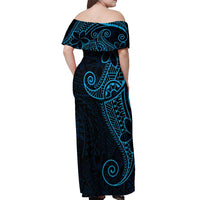 Black Blue Polynesian Tribal Off Shoulder Maxi Dress - Polynesian Pride