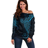 Black Blue Polynesian Tribal Off Shoulder Sweater LT9 Women Blue - Polynesian Pride