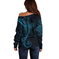 Black Blue Polynesian Tribal Off Shoulder Sweater LT9 - Polynesian Pride