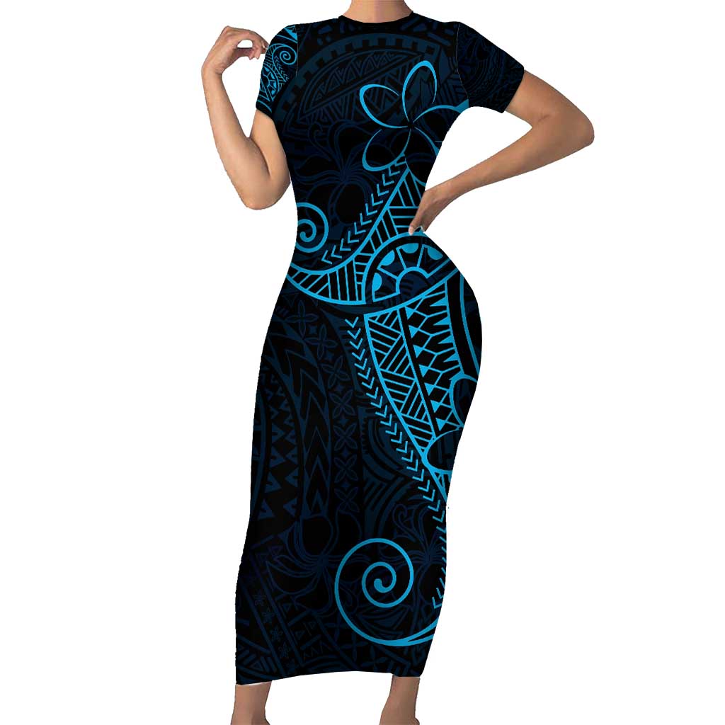 Black Blue Polynesian Tribal Short Sleeve Bodycon Dress LT9 Long Dress Blue - Polynesian Pride