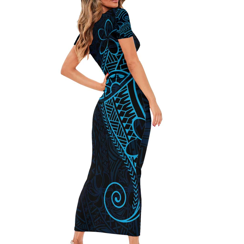 Black Blue Polynesian Tribal Short Sleeve Bodycon Dress LT9 - Polynesian Pride