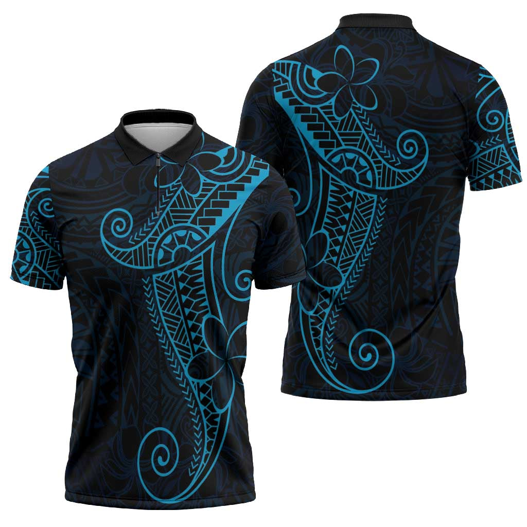 Black Blue Polynesian Tribal Zipper Polo Shirt - Polynesian Pride