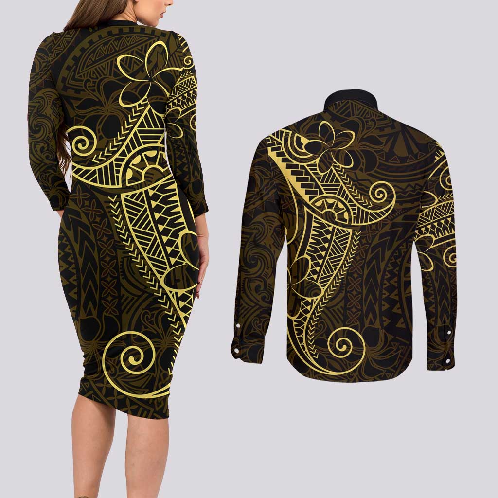 Black Gold Polynesian Tribal Couples Matching Long Sleeve Bodycon Dress and Long Sleeve Button Shirt - Polynesian Pride