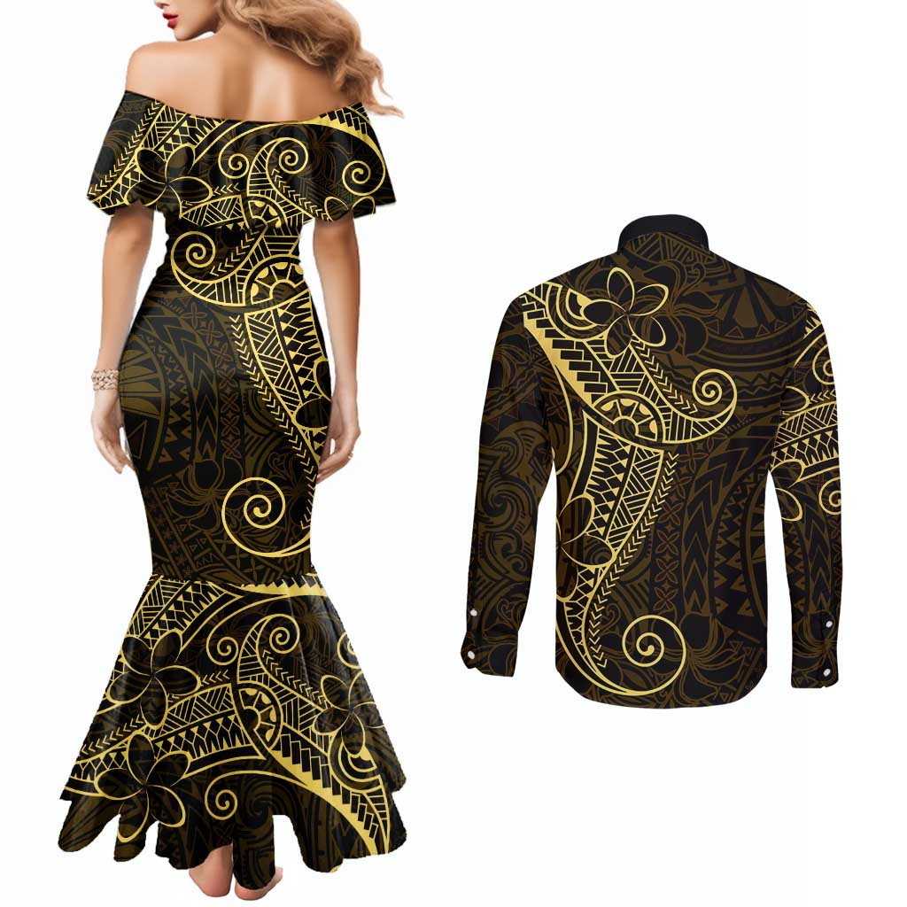Black Gold Polynesian Tribal Couples Matching Mermaid Dress and Long Sleeve Button Shirt - Polynesian Pride