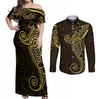 Black Gold Polynesian Tribal Couples Matching Off Shoulder Maxi Dress and Long Sleeve Button Shirt - Polynesian Pride