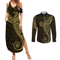 Black Gold Polynesian Tribal Couples Matching Summer Maxi Dress and Long Sleeve Button Shirt - Polynesian Pride