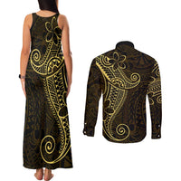 Black Gold Polynesian Tribal Couples Matching Tank Maxi Dress and Long Sleeve Button Shirt - Polynesian Pride