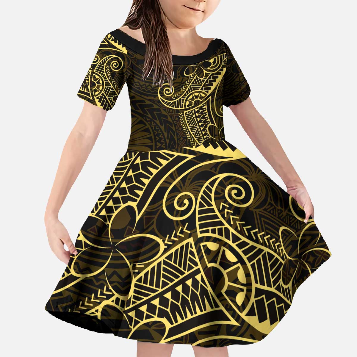 Black Gold Polynesian Tribal Family Matching Off The Shoulder Long Sleeve Dress and Hawaiian Shirt - Polynesian Pride