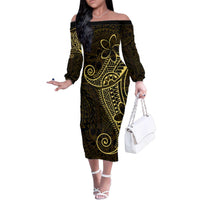 Black Gold Polynesian Tribal Family Matching Off The Shoulder Long Sleeve Dress and Hawaiian Shirt - Polynesian Pride