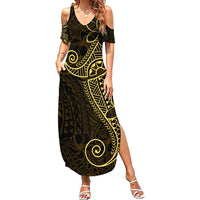 Black Gold Polynesian Tribal Family Matching Summer Maxi Dress and Hawaiian Shirt - Polynesian Pride
