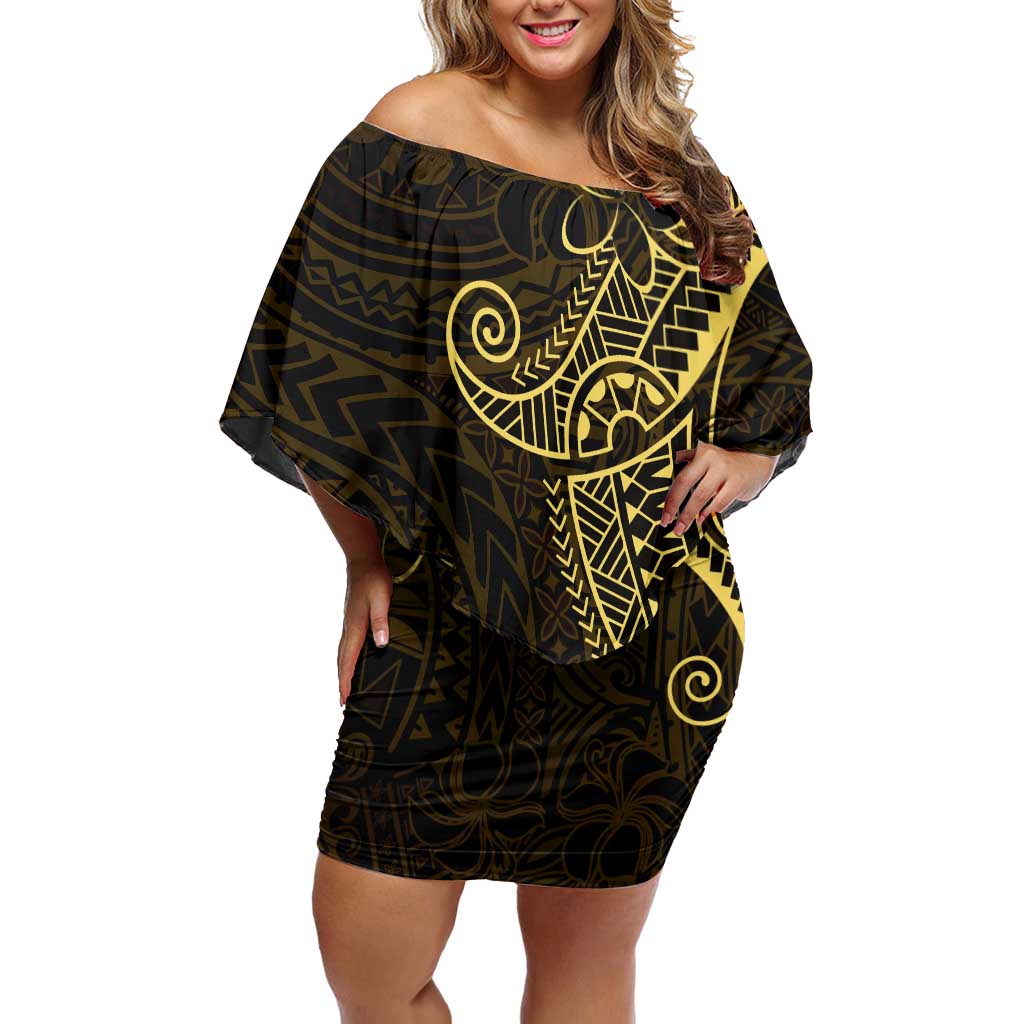 Black Gold Polynesian Tribal Off Shoulder Short Dress - Polynesian Pride