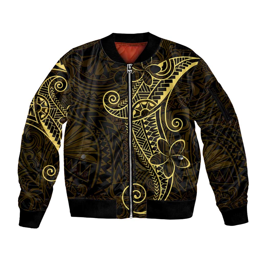 Black Gold Polynesian Tribal Sleeve Zip Bomber Jacket - Polynesian Pride