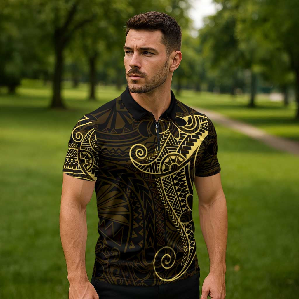 Black Gold Polynesian Tribal Zipper Polo Shirt - Polynesian Pride
