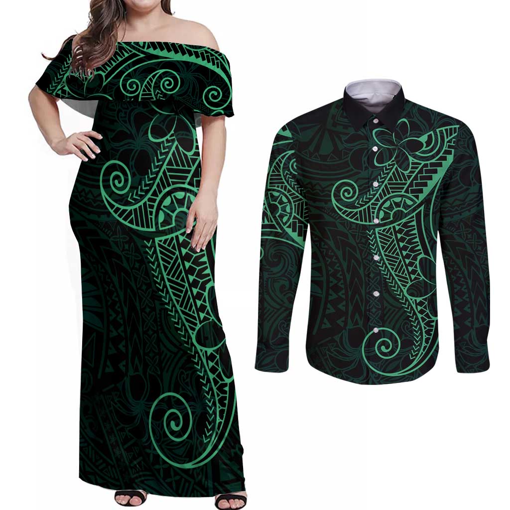 Black Green Polynesian Tribal Couples Matching Off Shoulder Maxi Dress and Long Sleeve Button Shirt - Polynesian Pride