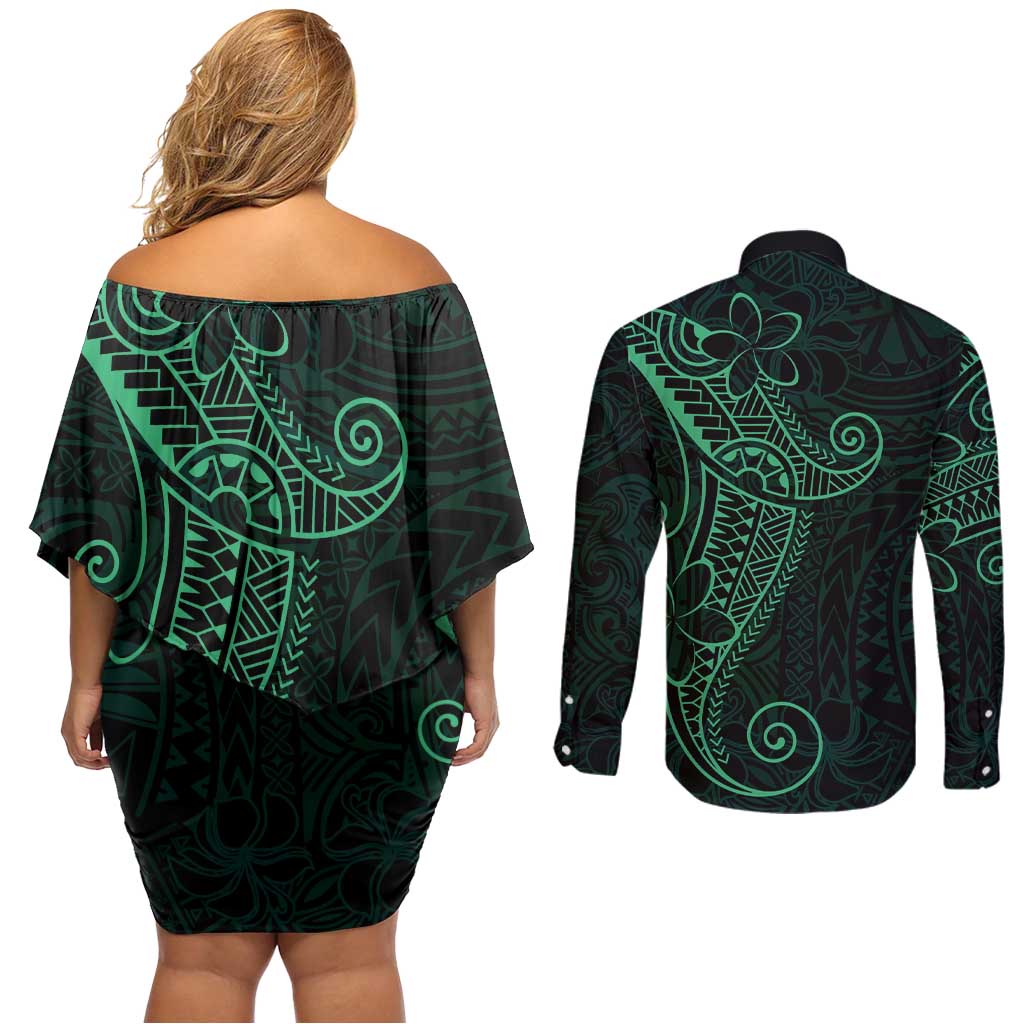 Black Green Polynesian Tribal Couples Matching Off Shoulder Short Dress and Long Sleeve Button Shirt - Polynesian Pride