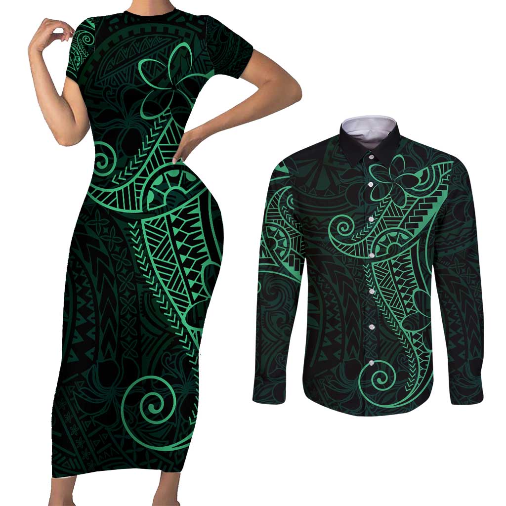 Black Green Polynesian Tribal Couples Matching Short Sleeve Bodycon Dress and Long Sleeve Button Shirt - Polynesian Pride