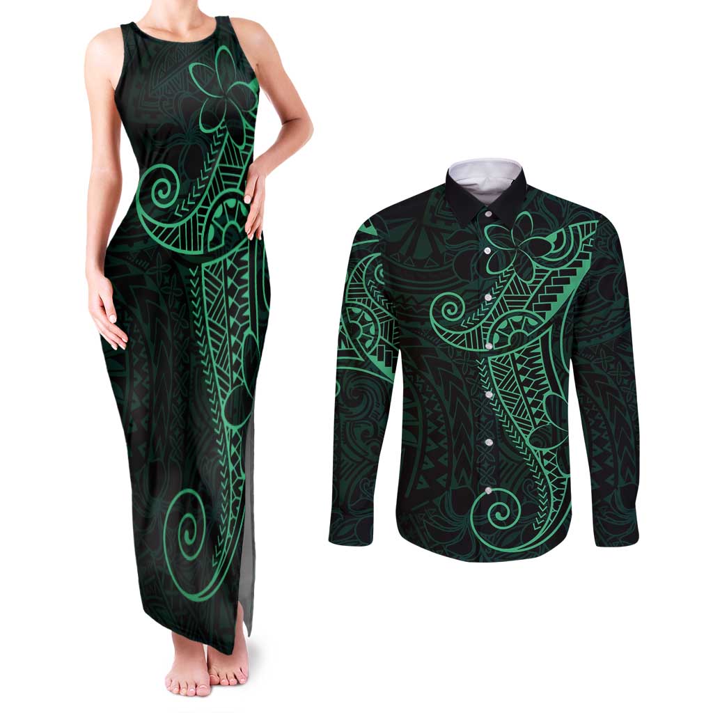 Black Green Polynesian Tribal Couples Matching Tank Maxi Dress and Long Sleeve Button Shirt - Polynesian Pride
