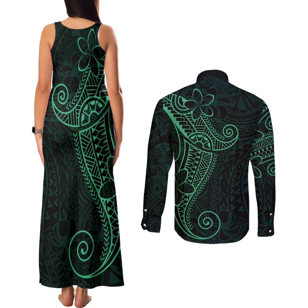 Black Green Polynesian Tribal Couples Matching Tank Maxi Dress and Long Sleeve Button Shirt - Polynesian Pride