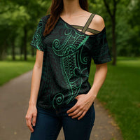 Black Green Polynesian Tribal Cross Shoulder Shirt - Polynesian Pride