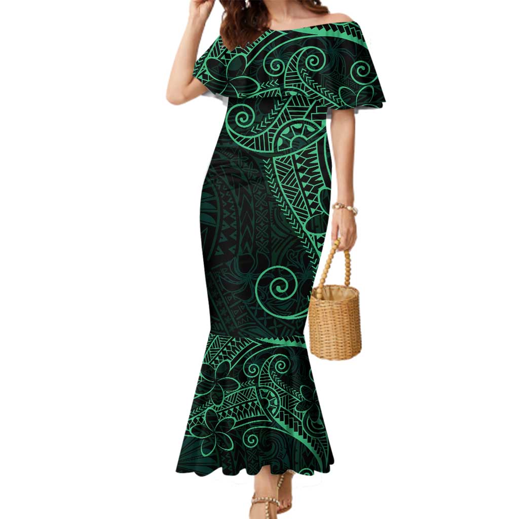 Black Green Polynesian Tribal Family Matching Mermaid Dress and Hawaiian Shirt LT9 Mom's Dress Green - Polynesian Pride