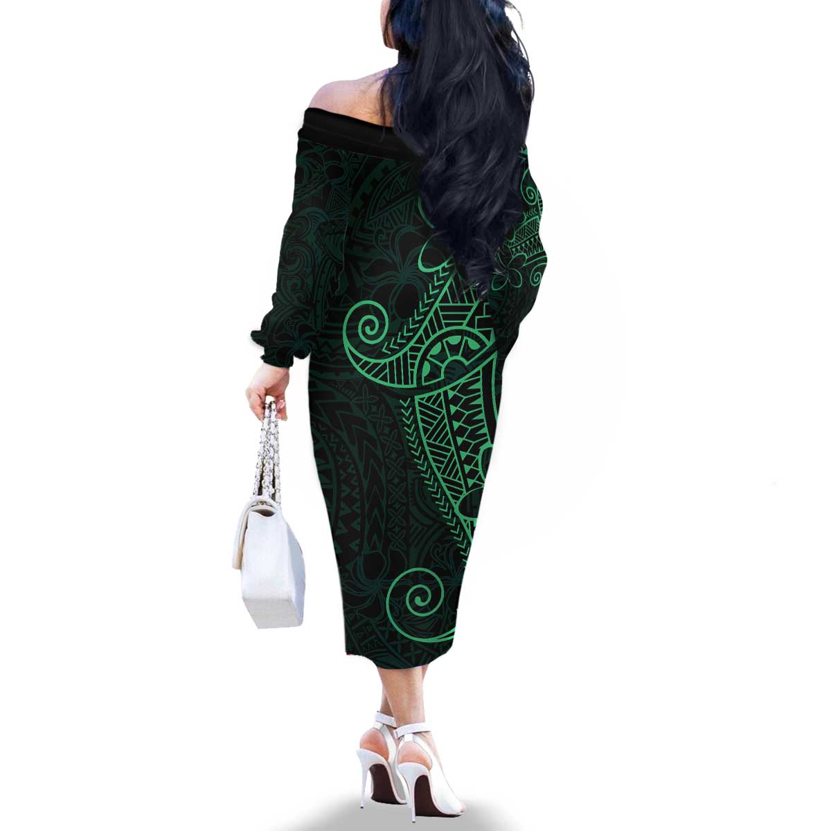 Black Green Polynesian Tribal Family Matching Off The Shoulder Long Sleeve Dress and Hawaiian Shirt - Polynesian Pride