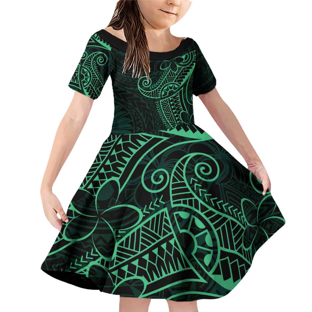 Black Green Polynesian Tribal Family Matching Off Shoulder Short Dress and Hawaiian Shirt - Polynesian Pride