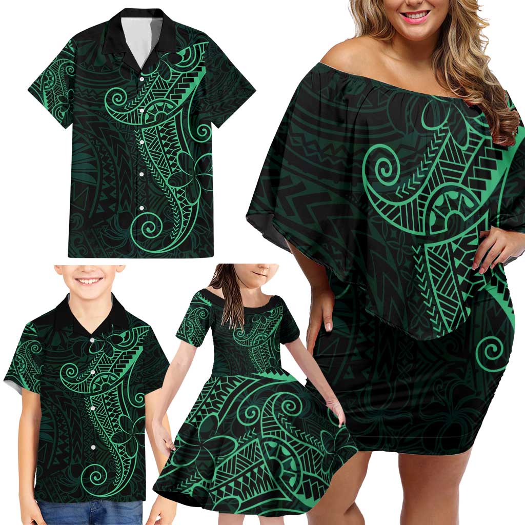 Black Green Polynesian Tribal Family Matching Off Shoulder Short Dress and Hawaiian Shirt - Polynesian Pride