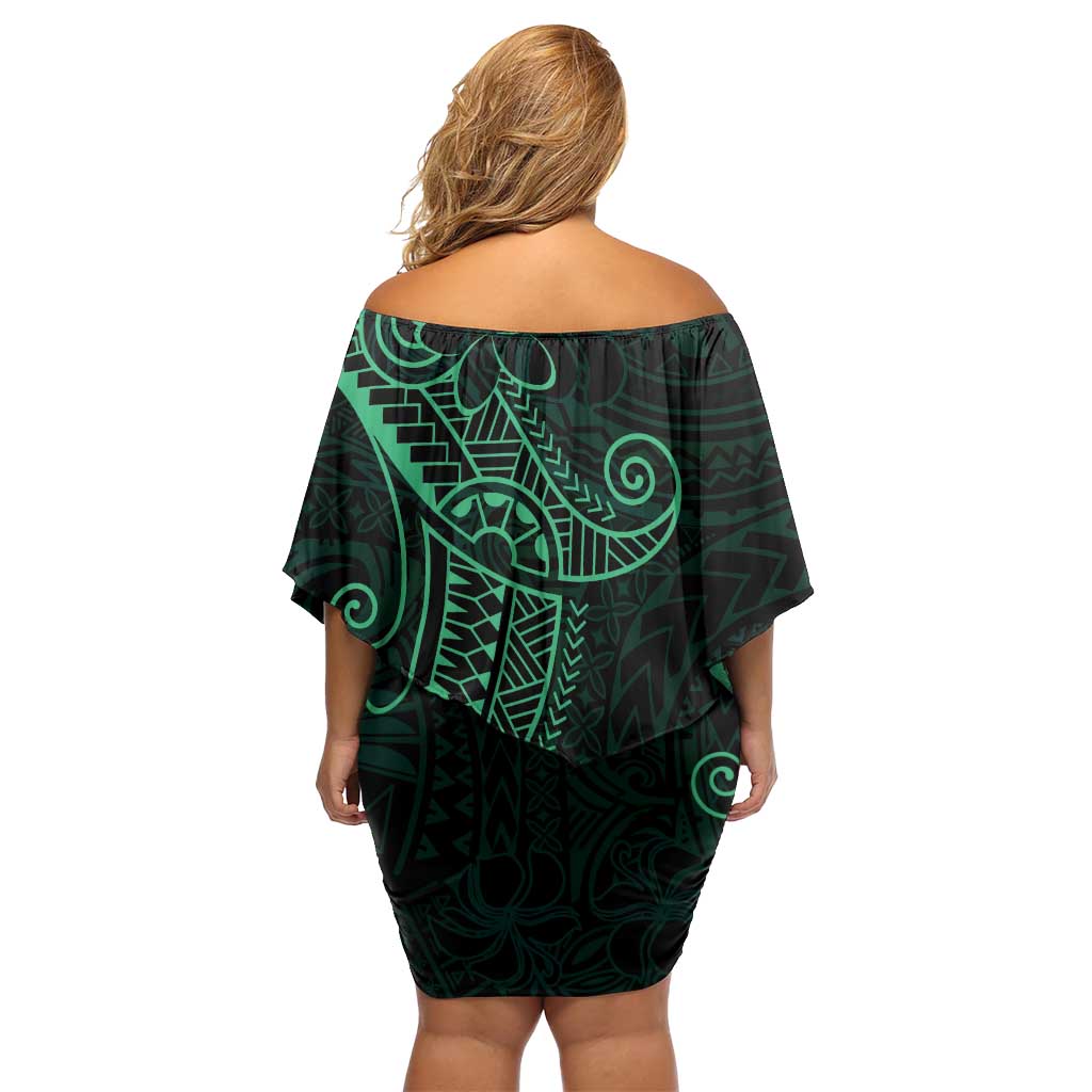 Black Green Polynesian Tribal Family Matching Off Shoulder Short Dress and Hawaiian Shirt - Polynesian Pride