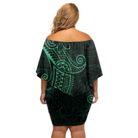 Black Green Polynesian Tribal Family Matching Off Shoulder Short Dress and Hawaiian Shirt - Polynesian Pride