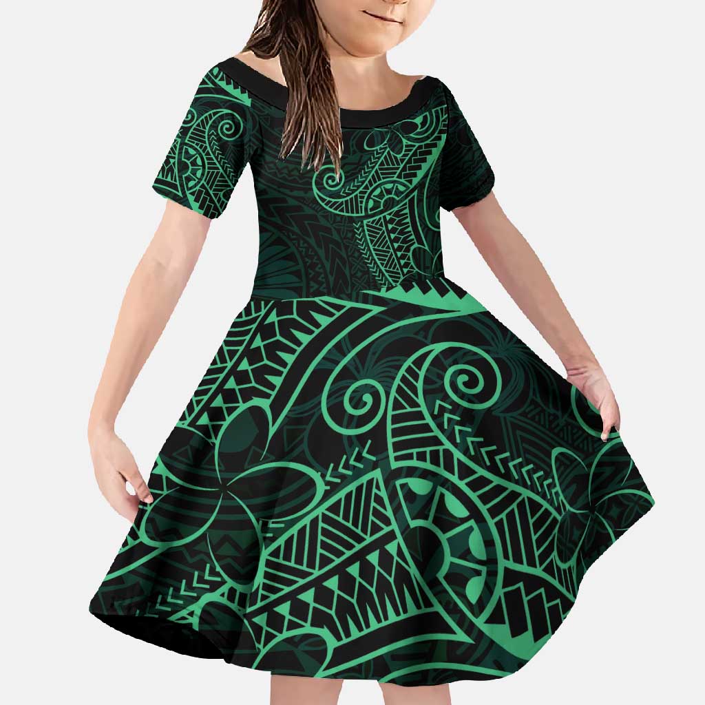 Black Green Polynesian Tribal Family Matching Short Sleeve Bodycon Dress and Hawaiian Shirt LT9 Daughter's Dress Green - Polynesian Pride