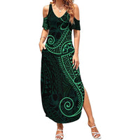 Black Green Polynesian Tribal Family Matching Summer Maxi Dress and Hawaiian Shirt - Polynesian Pride