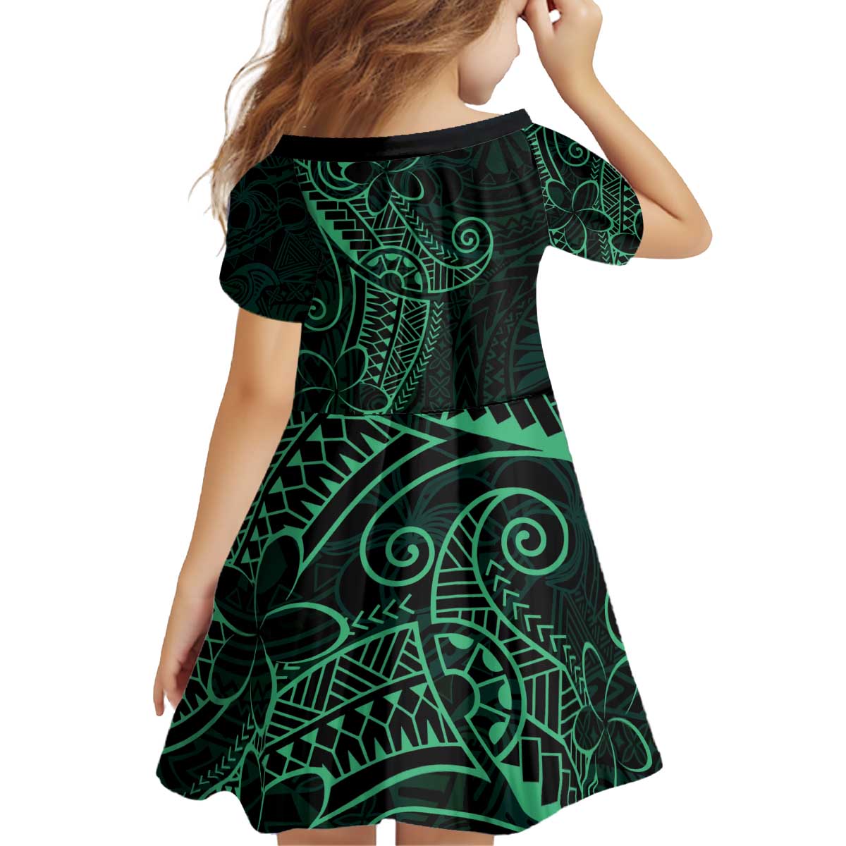 Black Green Polynesian Tribal Kid Short Sleeve Dress - Polynesian Pride