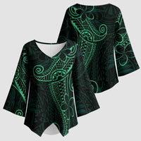 Black Green Polynesian Tribal Kimono Sleeve Blouse - Polynesian Pride
