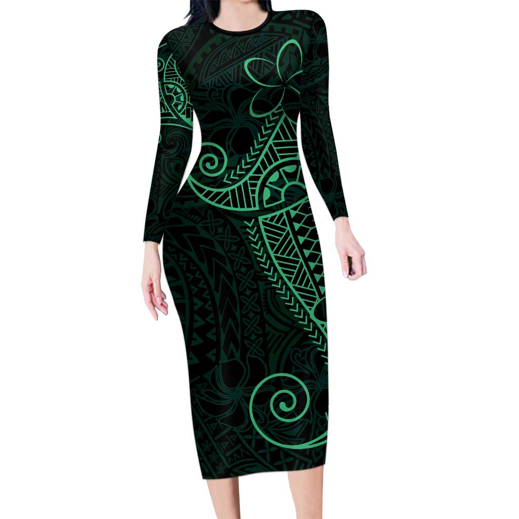 Black Green Polynesian Tribal Long Sleeve Bodycon Dress - Polynesian Pride
