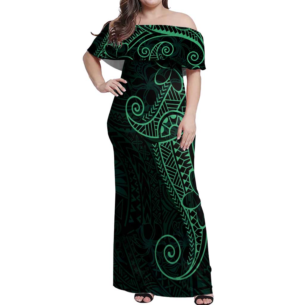Black Green Polynesian Tribal Off Shoulder Maxi Dress LT9 Women Green - Polynesian Pride