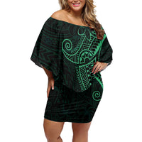 Black Green Polynesian Tribal Off Shoulder Short Dress - Polynesian Pride