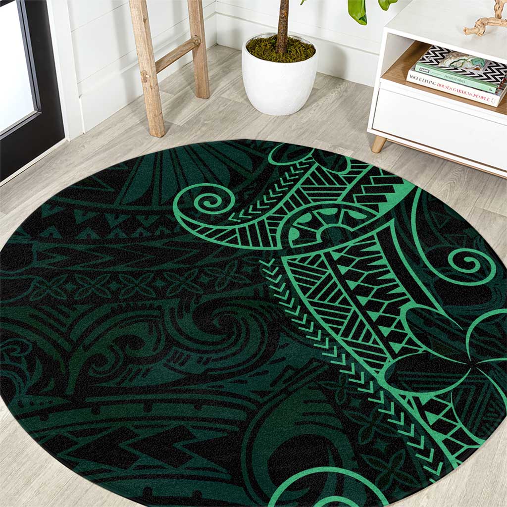 Black Green Polynesian Tribal Round Carpet - Polynesian Pride